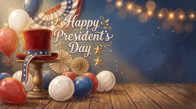 Vintage Illustrated Presidents Day Celebration Background With Top Hat Balloons And Bunting