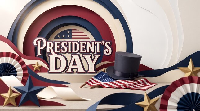 Paper Cut Style Presidents Day Celebration Background with Top Hat and Flag Poster