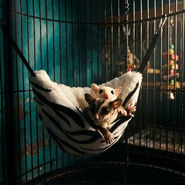 Two cute sugar gliders relaxing together inside a cozy hanging plush hammock pouch in a cage