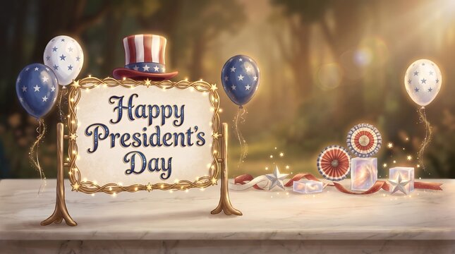 Realistic Festive Presidents Day Signboard with Top Hat and Patriotic Balloons Illustration Background