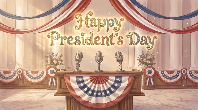 Illustrated Happy Presidents Day Podium With Bunting Ribbons Background Illustration