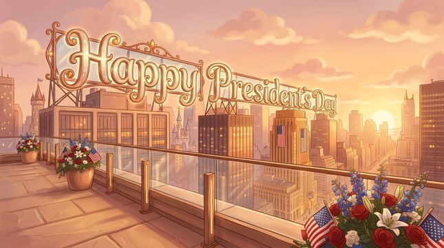Digital Illustration Happy Presidents Day Rooftop View City Skyline Sunset Background