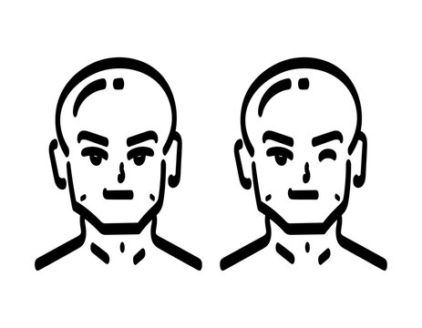 illustration of a very handsome and charismatic young bald man's face. profile, head, avatar. funny and cool. facial expression of a man smiling and winking. minimalist line art style, doodle