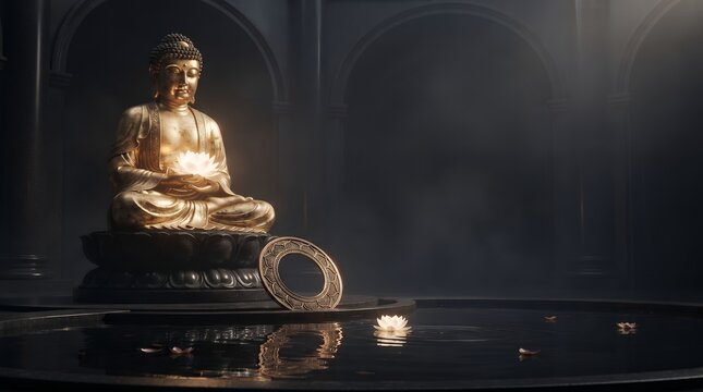 Cinematic Golden Buddha Statue Holding Glowing Lotus Flower By Temple Water Pond Reflection