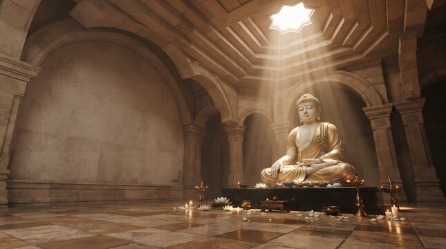 Cinematic Golden Buddha Statue Meditating in Ancient Stone Temple Sanctuary Background