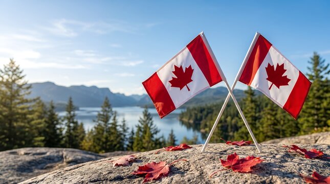 Scenic Landscape View Canadian Flags Mountain Lake Background Nature Photography