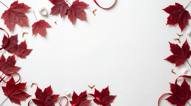 Flat Lay Red Maple Leaf Frame With Ribbon On White Background Banner