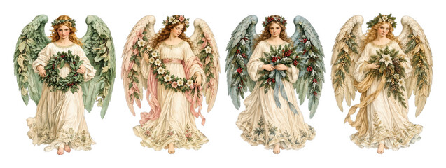Obraz premium PNG Vintage Christmas angel illustrations with floral wreaths and wings