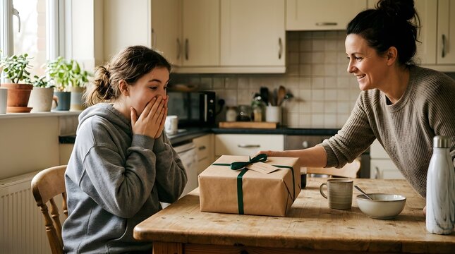 Mother and daughter react with surprise and joy while opening a gift box together in a modern kitchen with wooden countertops and stainless steel appliances.