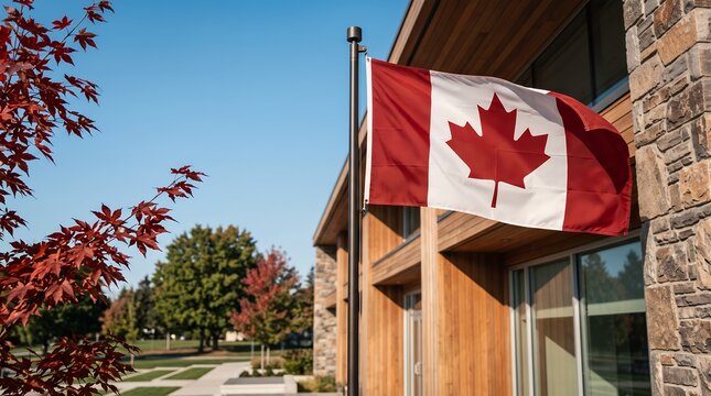Outdoor Canadian Flag Flying On Pole Outside Modern Stone And Wood Building Exterior