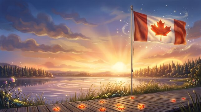 Digital Painting Canadian Flag Lake Sunrise Landscape Autumn Illustration