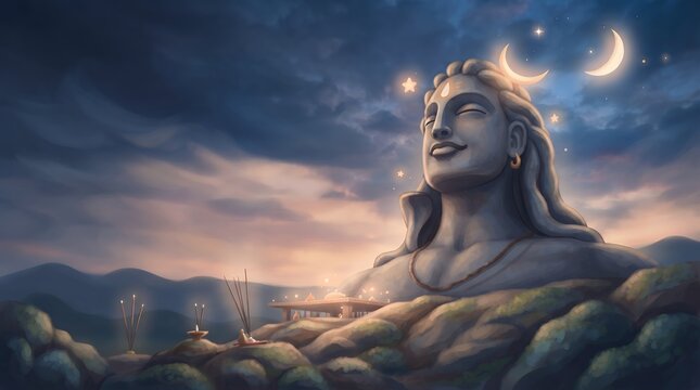 Digital Painting Majestic Lord Shiva Bust Statue Among Mountains Night Sky Background Illustration