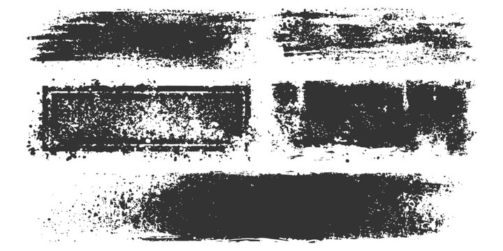 Collection of black grunge banners with paint splatters and distressed dirty brush strokes textures vector illustration.