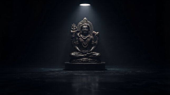 Dramatic Spotlight Lord Shiva Idol Meditating in Dark Sacred Shrine Background