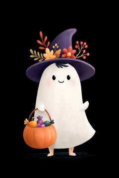 Charming Halloween ghost character wearing a purple witch hat with autumn flowers, holding an orange pumpkin candy basket, cute fantasy illustration, soft painterly texture, seasonal greeting card