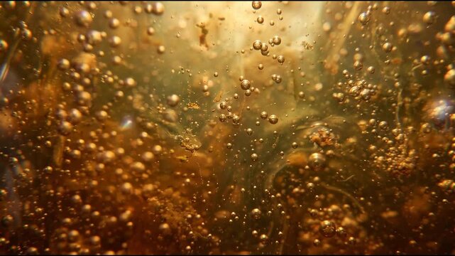Biomanufacturing fermentation textures appear as an abstract field of translucent amber-brown