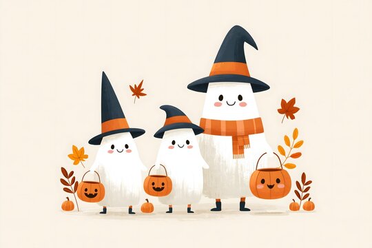 Cute Halloween ghost family wearing coordinated witch hats, carrying pumpkin candy buckets, autumn leaves and tiny pumpkins surrounding them, cheerful handcrafted illustration, warm seasonal palette,