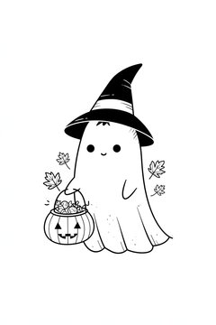 Halloween ghost character in simple monochrome line art, pointed witch hat, pumpkin candy basket and small autumn leaves, elegant minimal illustration, clean white negative space, commercial stock
