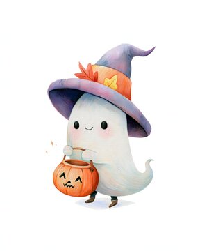 Sweet Halloween ghost holding a pumpkin candy bucket while wearing an oversized autumn witch hat, soft pastel folk art, delicate watercolor and colored pencil texture, clean bright background,