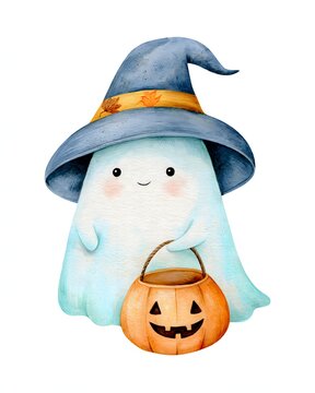 Sweet Halloween ghost holding a pumpkin candy bucket while wearing an oversized autumn witch hat, soft pastel folk art, delicate watercolor and colored pencil texture, clean bright background,