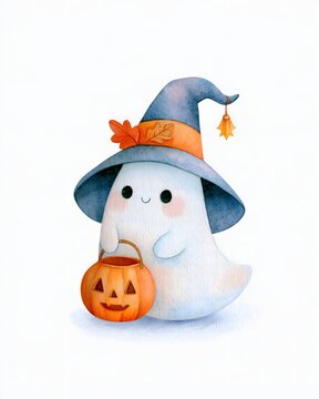 Sweet Halloween ghost holding a pumpkin candy bucket while wearing an oversized autumn witch hat, soft pastel folk art, delicate watercolor and colored pencil texture, clean bright background,