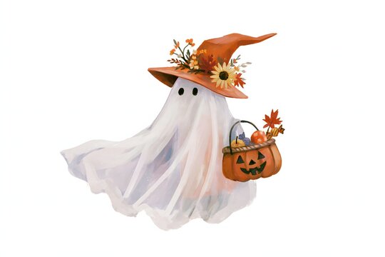 Halloween ghost character with flowing translucent fabric, orange witch hat, pumpkin candy basket and autumn floral decorations, dreamy hand-painted illustration, sophisticated seasonal artwork,