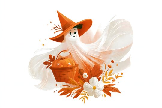 Halloween ghost character with flowing translucent fabric, orange witch hat, pumpkin candy basket and autumn floral decorations, dreamy hand-painted illustration, sophisticated seasonal artwork,