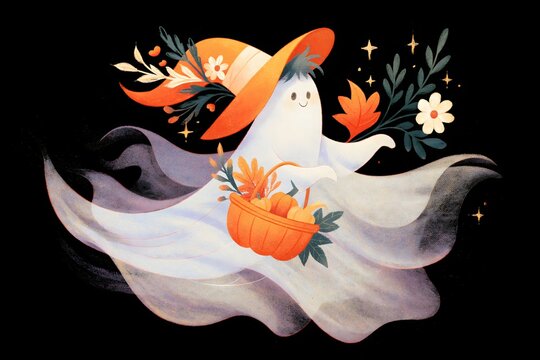 Halloween ghost character with flowing translucent fabric, orange witch hat, pumpkin candy basket and autumn floral decorations, dreamy hand-painted illustration, sophisticated seasonal artwork,