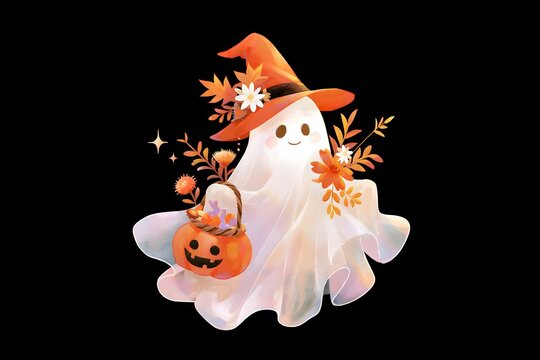 Halloween ghost character with flowing translucent fabric, orange witch hat, pumpkin candy basket and autumn floral decorations, dreamy hand-painted illustration, sophisticated seasonal artwork,