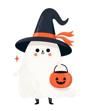 Cute Halloween ghost wearing a classic black witch hat with orange ribbon, holding a smiling pumpkin candy basket, simplified modern character illustration, bold shapes, clean composition,