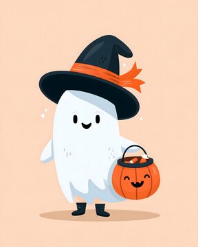 Cute Halloween ghost wearing a classic black witch hat with orange ribbon, holding a smiling pumpkin candy basket, simplified modern character illustration, bold shapes, clean composition,