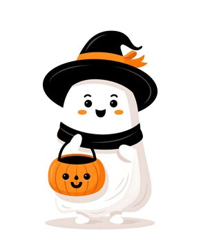 Cute Halloween ghost wearing a classic black witch hat with orange ribbon, holding a smiling pumpkin candy basket, simplified modern character illustration, bold shapes, clean composition,