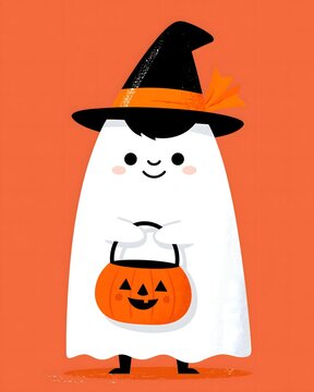 Cute Halloween ghost wearing a classic black witch hat with orange ribbon, holding a smiling pumpkin candy basket, simplified modern character illustration, bold shapes, clean composition,