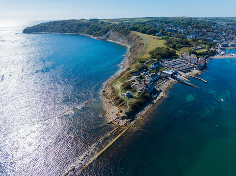 Aerial shot of Peveril Point, Durlston Bay and Swanage, Dorset, UK