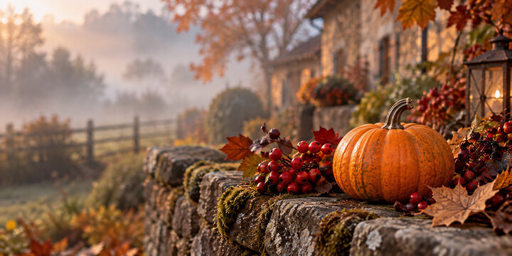 Orangefarbener K&uuml;rbis mit roten Beeren und Herbstlaub auf Natursteinmauer