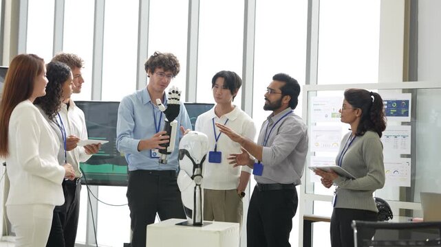 Curly-haired engineer presents a bionic robotic arm to a diverse team of colleagues in a bright glass office, during a prototype review, a tech startup innovation concept