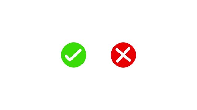 Green check mark and red x cross symbols animation for choice and decision making green tick on a white background.