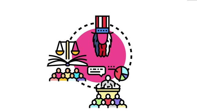 National pride political campaign depicting uncle character, justice scale, books, public speaking, voting process, and audience symbolizing governance and policy