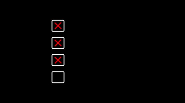 Five bullet point multiple choice checklist presentation boxes with crosses animation.Red wrong incorrect cross square boxes for rejection.