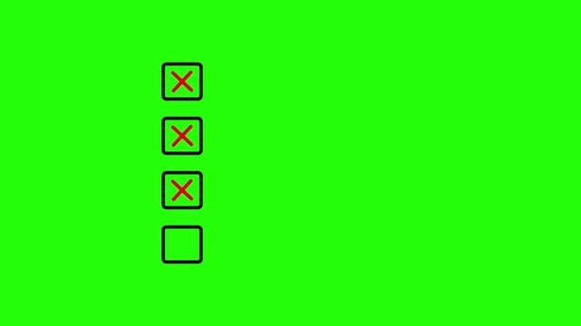 Five bullet point multiple choice checklist presentation boxes with crosses animation.Red wrong incorrect cross square boxes for rejection.