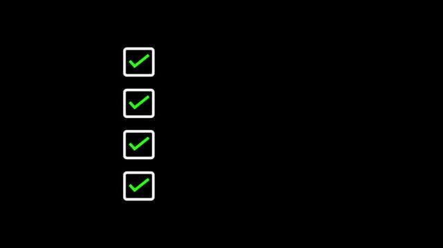 Five bullet point multiple choice checklist presentation boxes with crosses animation.Red wrong incorrect cross square boxes for rejection.