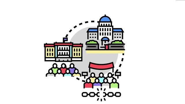 National legislature concept government buildings, citizen activism, and the breaking of chains, signifying democracy, lawmaking, and advocacy for societal change and freedom