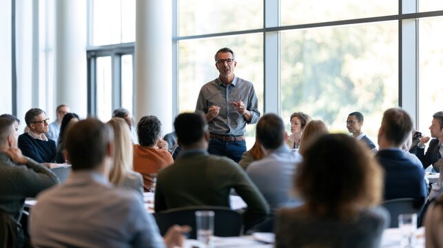 A Leader's Address: A confident speaker engages a receptive audience in a modern conference hall, sharing insights and fostering discussion.