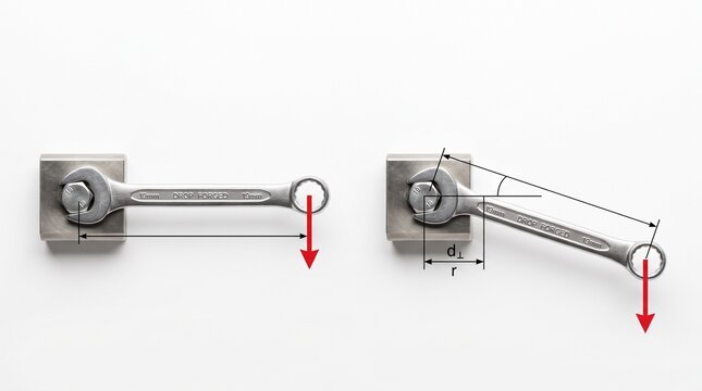 Wrench applying force at different angles to a bolt, moment of force physics concept