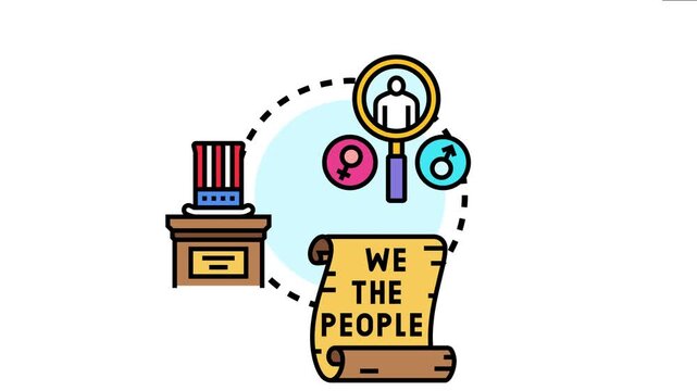 National identity concept with symbols like a top hat, a scroll featuring we the people, gender symbols, and a magnifying glass examining human rights