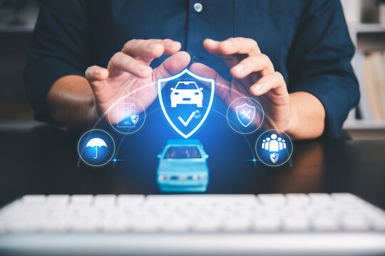Car insurance concept showing a vehicle protected by a security shield and digital service icons, representing insurance coverage, protection, safety, risk management, and customer security.