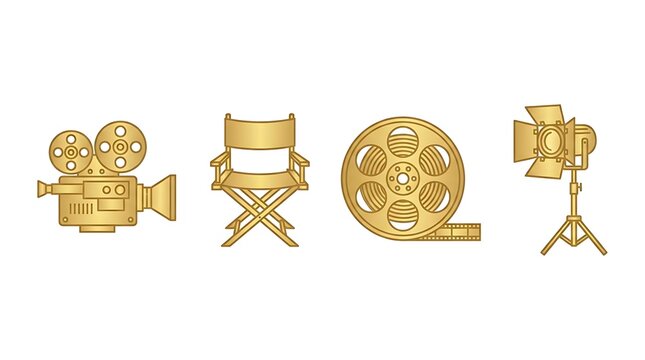 Golden cinema and filmmaking production icons on white background.