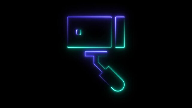 Neon paint roller icon glowing in blue and green colors on a black background