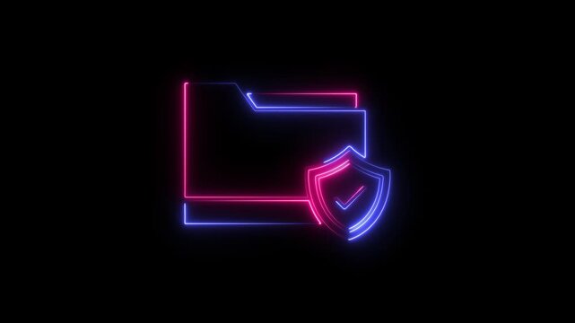 Neon glowing file folder icon with a secure shield symbol for data protection and digital privacy on a black background