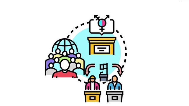 Political movement concept depicting diverse individuals gathering globally, discussing policy, making decisions, and shaping ideology with social justice and international relations